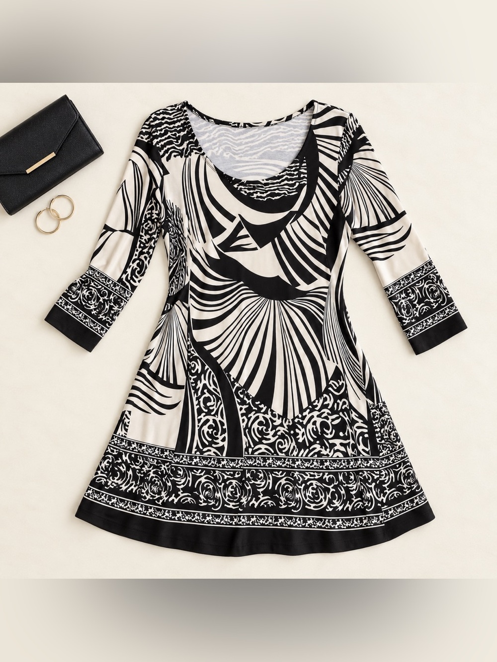 Milano Black White Abstract Tunic Dress M Stretch 3/4 Sleeve Travel Office Date